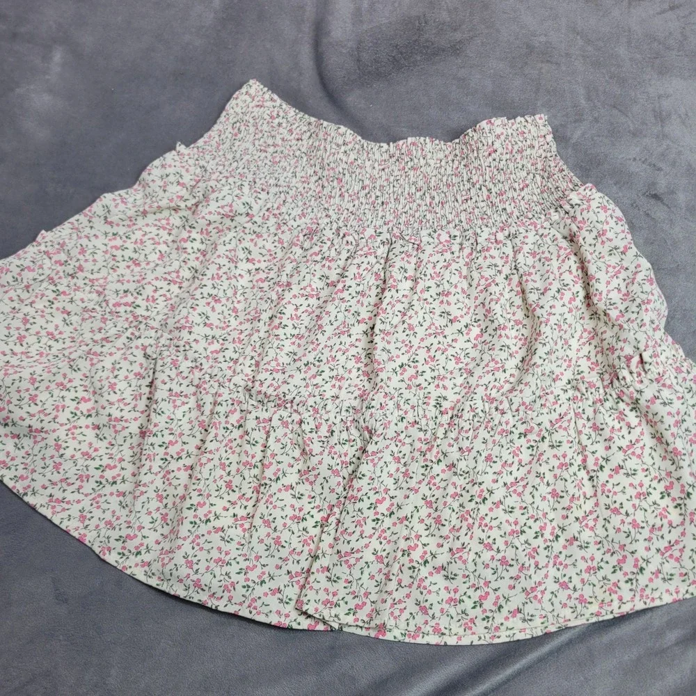 Heyson Pink Floral Smocked Tiered Mini‎ Skirt Cream ES1008 Small